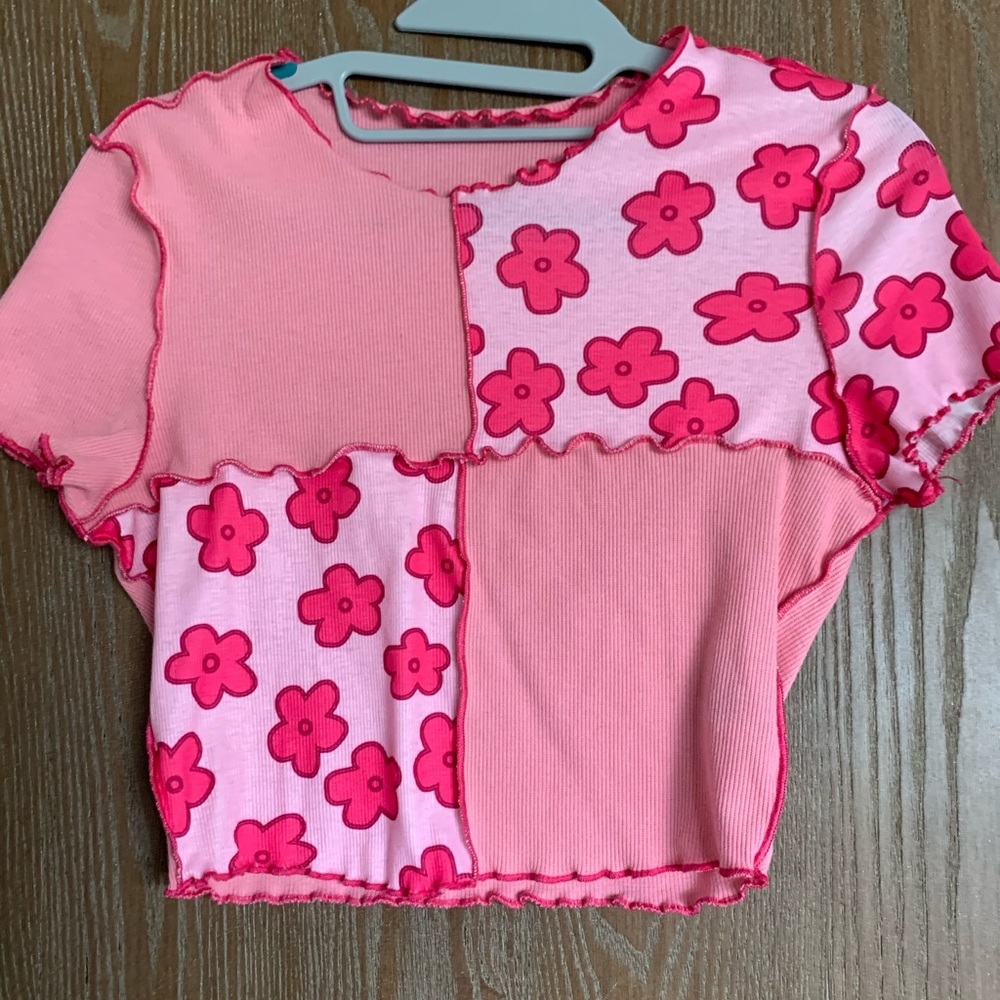 Pink patchwork flower t shirt